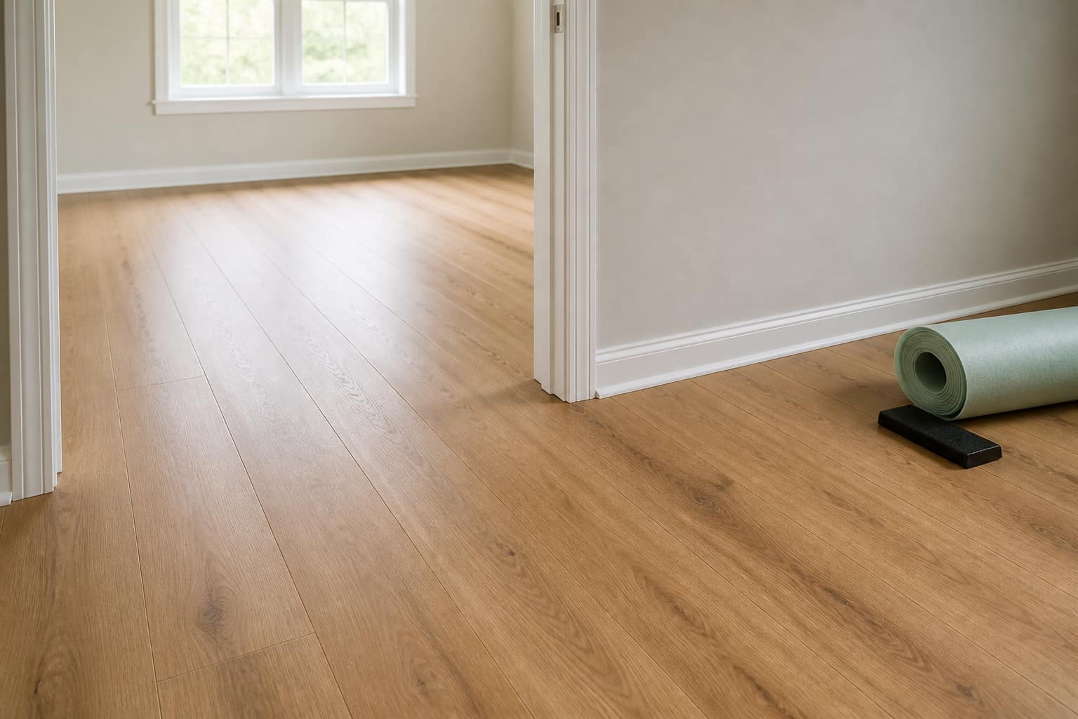 Newly installed luxury vinyl plank flooring in an empty room