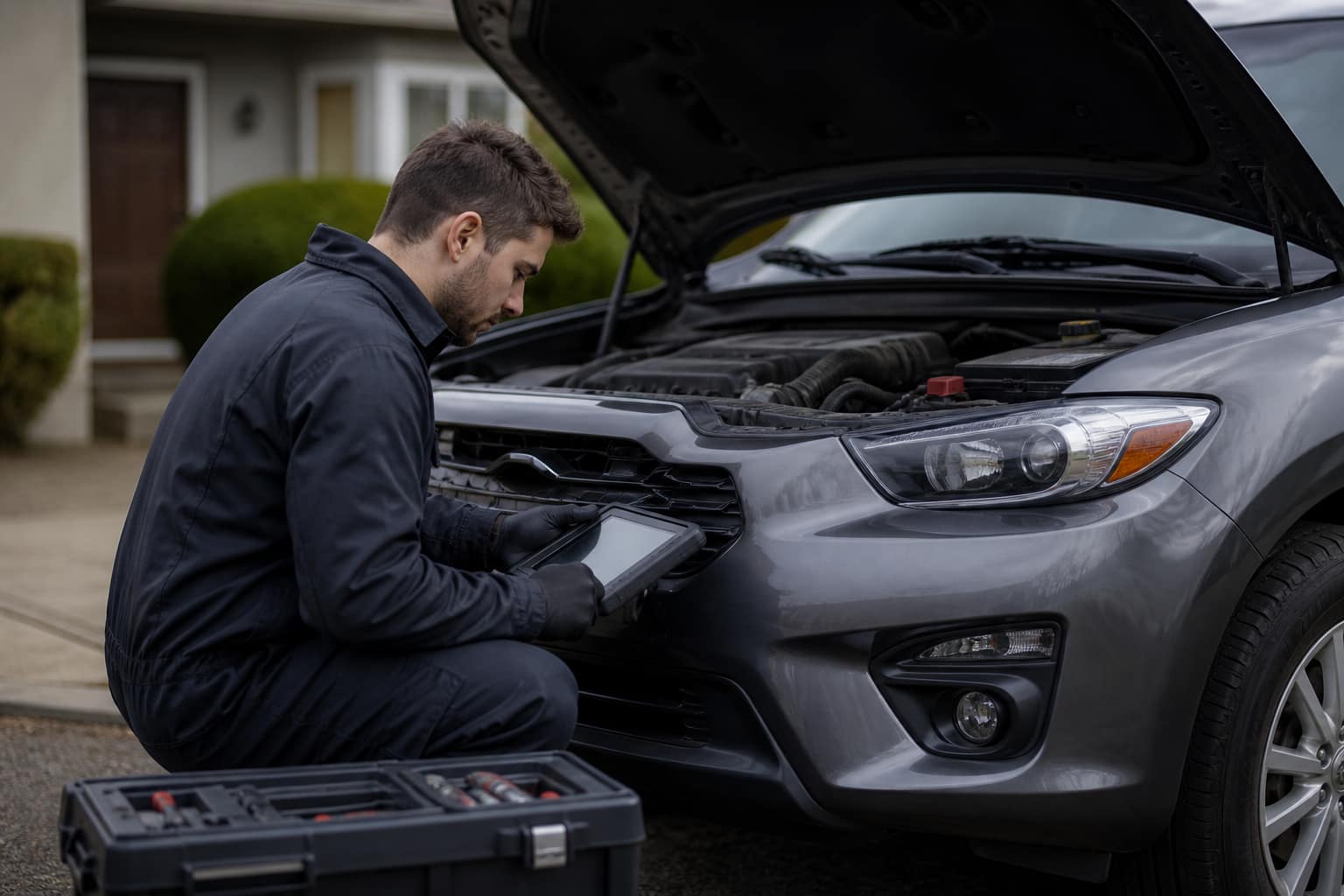 Technician diagnosing a vehicle with the hood open