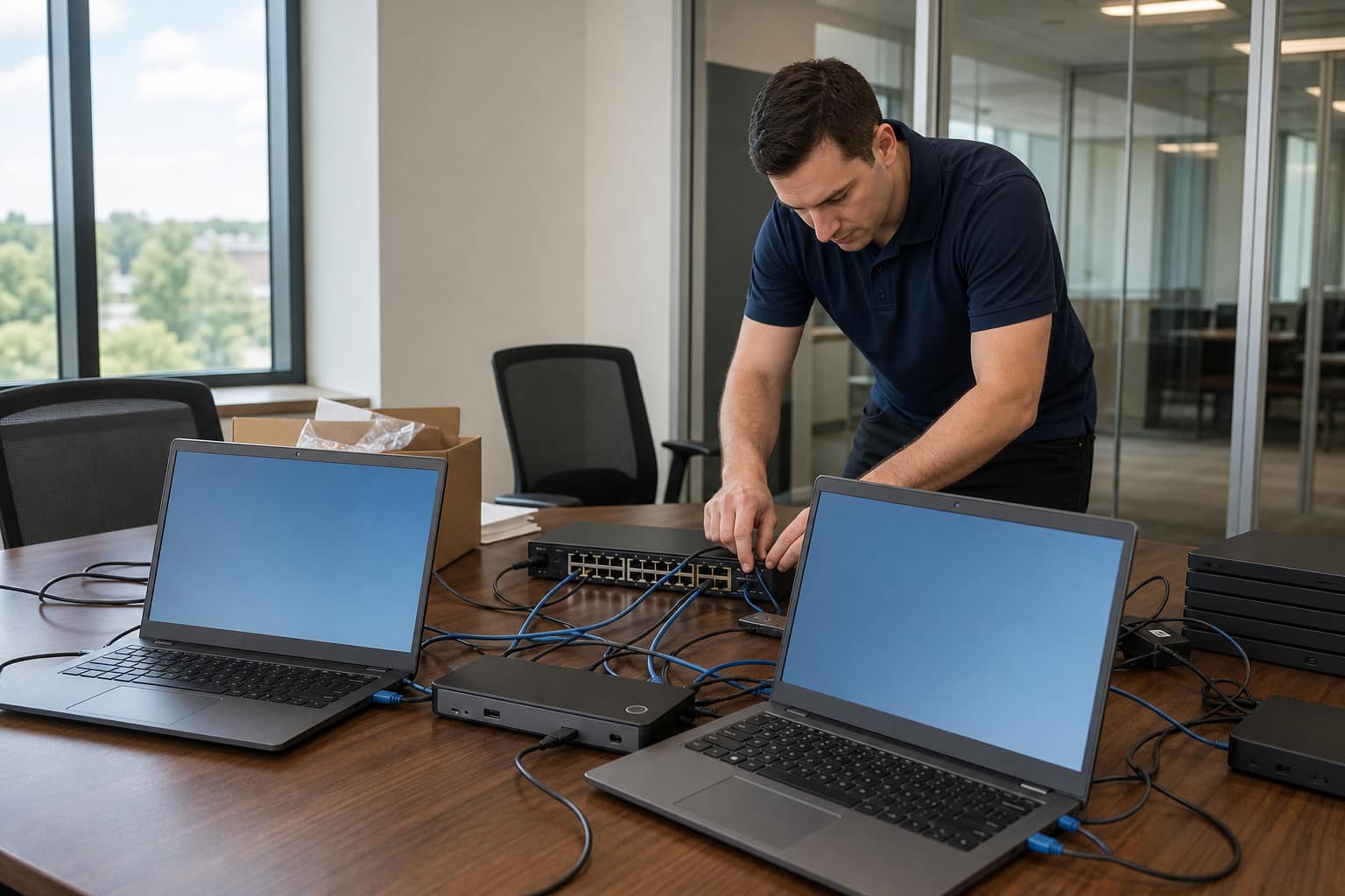 Workplace technology racks and networking equipment in a business setting